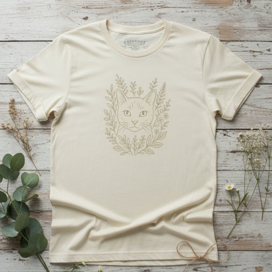 Botanical Cat Bloom Design – Floral Line Art Cat T-Shirt