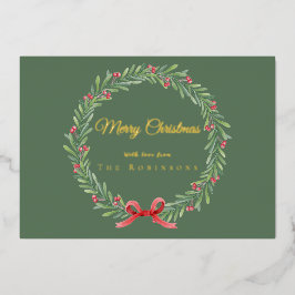 Botanical Christmas Wreath Modern Gold Script Folien Feiertagskarte