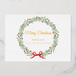 Botanical Christmas Wreath Modern Gold Script Folien Feiertagskarte