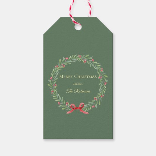 Botanical Christmas Wreath Modern Script Geschenkanhänger (Vorderseite)
