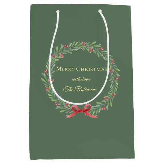Botanical Christmas Wreath Modern Script Mittlere Geschenktüte (Vorderseite)