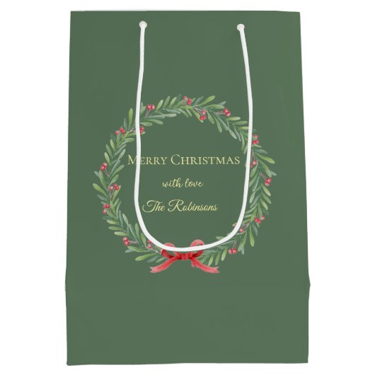Botanical Christmas Wreath Modern Script Mittlere Geschenktüte (Rückseite)