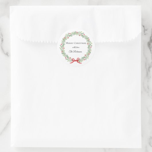 Botanical Christmas Wreath Modern Script Runder Aufkleber (Tasche)