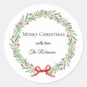 Botanical Christmas Wreath Modern Script Runder Aufkleber (Vorderseite)
