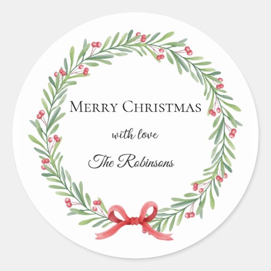 Botanical Christmas Wreath Modern Script Runder Aufkleber (Vorderseite)