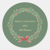 Botanical Christmas Wreath Modern Script Runder Aufkleber (Vorderseite)