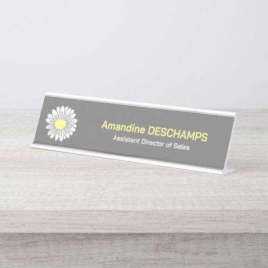 Botanical Daisy Blume Grau Schreibtischnamensplakette (Vorderseite )