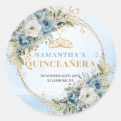 Botanical Dusty Blue Gold Eucalyptus Quinceañera Runder Aufkleber (Vorderseite)