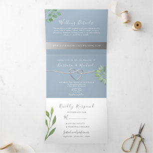 Botanical Dusty Blue Wedding Dreifach Gefaltete Einladung