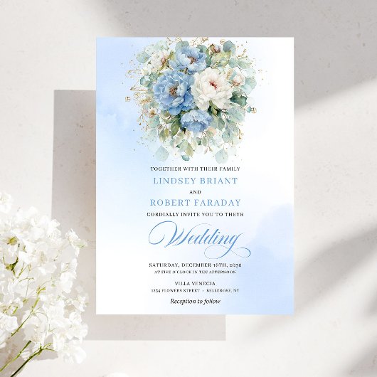 Botanical Dusty Blue White Peony Wedding Invites Einladung