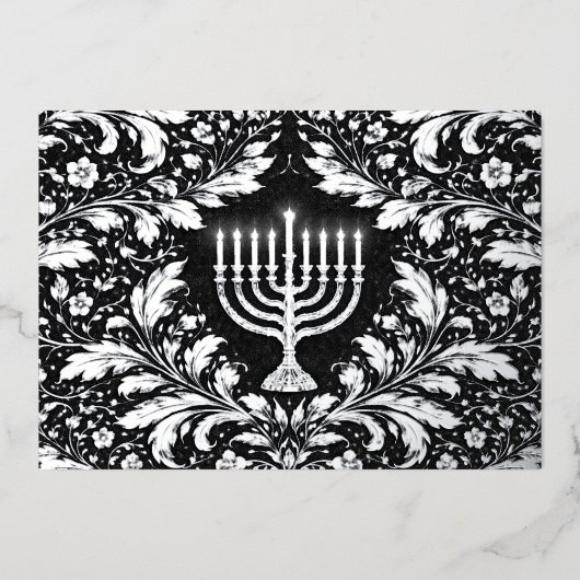 Botanical elegant silver menorah Hannukah Folien Feiertagskarte (Vorderseite)