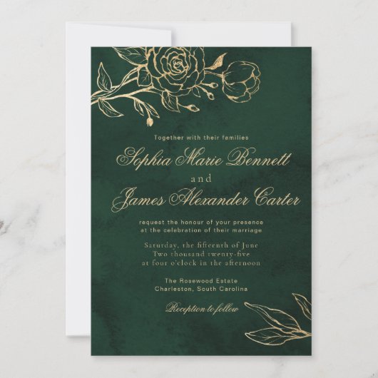 Botanical Emerald ang Gold Elegant Wedding Einladung (Vorderseite)