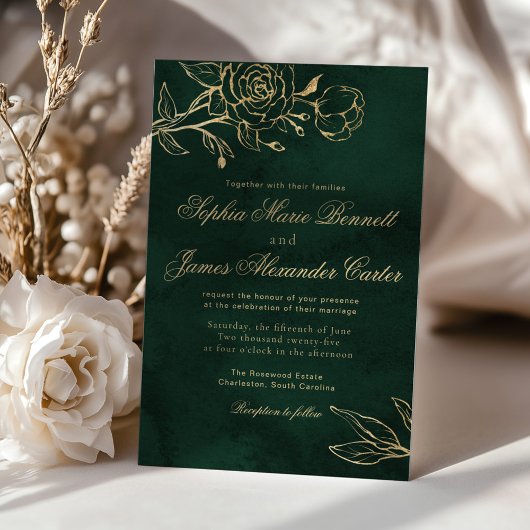 Botanical Emerald ang Gold Elegant Wedding Einladung