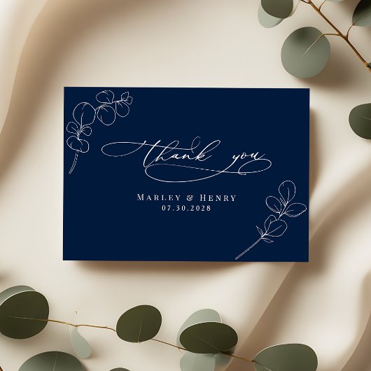 Botanical Eucalyptus Leaves Navy Blue Wedding Dankeskarte