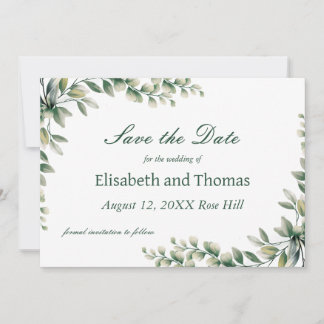 Botanical eucalyptus leaves save the date card dankeskarte