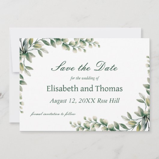 Botanical eucalyptus leaves save the date card dankeskarte (Vorderseite)