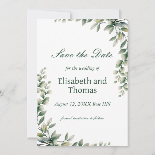 Botanical eucalyptus leaves save the date card dankeskarte (Vorderseite)
