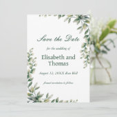 Botanical eucalyptus leaves save the date card dankeskarte (Stehend Vorderseite)