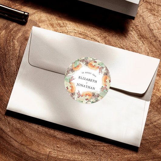 Botanical Eucalyptus Orange Roses Floral Wedding Runder Aufkleber