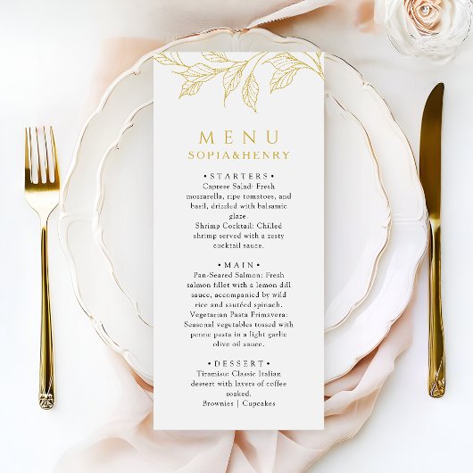 Botanical Faux Gold Elegant Wedding Menükarte