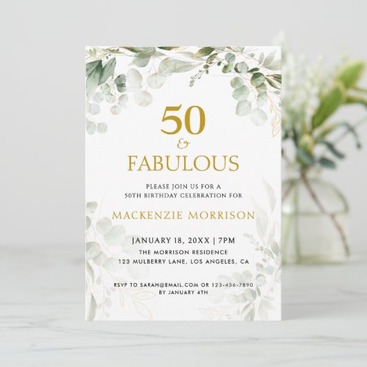 Botanical Fifty and Fabulous Script Birthday Party Einladung (Stehend Vorderseite)
