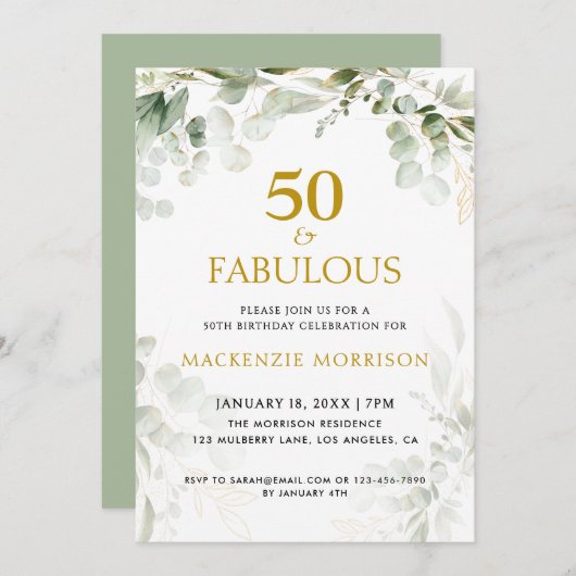 Botanical Fifty and Fabulous Script Birthday Party Einladung (Vorne/Hinten)