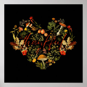 Botanical Floral Fall Quote Thankful Mushrooms  Poster