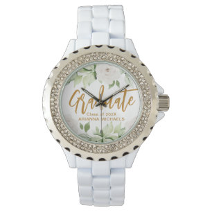 Botanical Floral Graduate Script Graduation White Armbanduhr