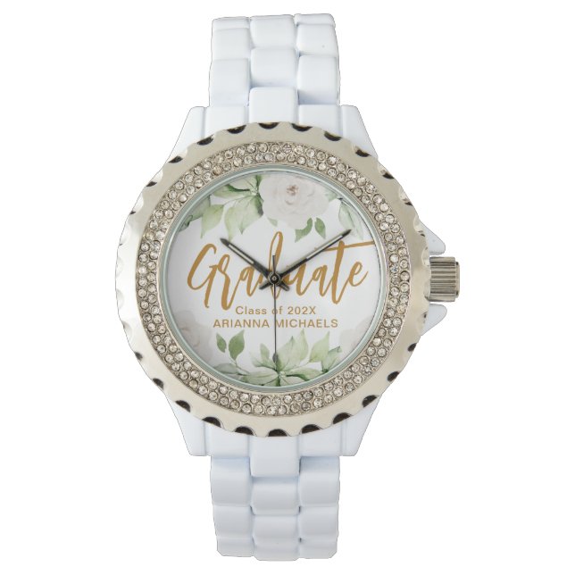Botanical Floral Graduate Script Graduation White Armbanduhr (Vorderseite)