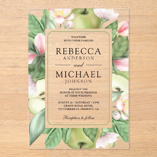 Botanical Floral Green Apple Orchard Wedding Acryleinladungen (Vorderseite)