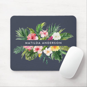 Botanical Floral Navy Blue Modern Foliing Mousepad