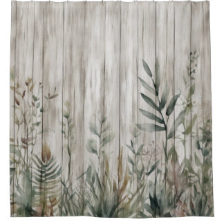 Botanical Foliage Farmhouse Barn Wood look Duschvorhang