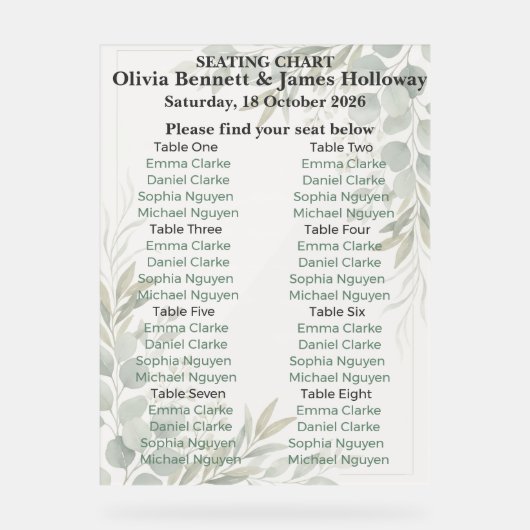 Botanical Garden Wedding Seating Chart Acrylschild (Vorderseite)