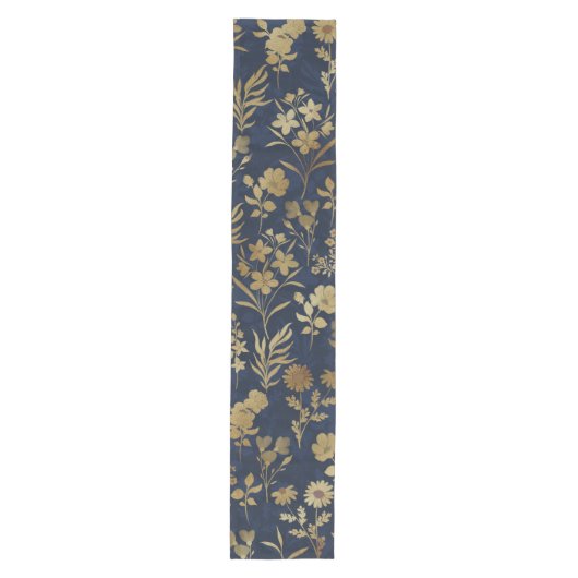 Botanical Gold Flowers Blue Pattern Mittelgroßer Tischläufer (Vorderseite)