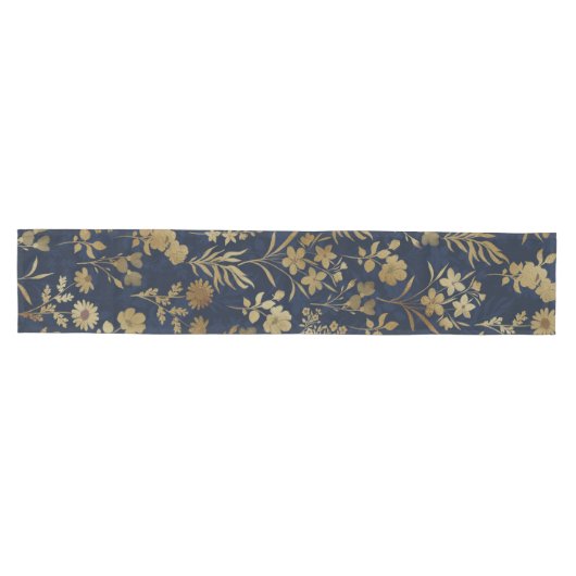 Botanical Gold Flowers Blue Pattern Mittelgroßer Tischläufer (Horizontal)