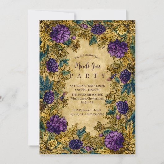 Botanical Grape Mardi Gras Masquerade Einladung (Vorderseite)
