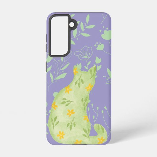 Botanical Green Cat Samsung Case – Purple Floral Samsung Galaxy Hülle (Rückseite)