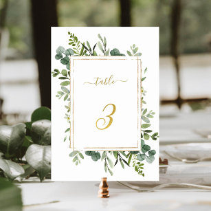 Botanical Green Wedding Gold Glitter Number 3,   Tischnummer