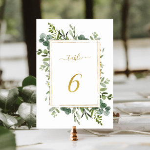 Botanical Green Wedding Gold Glitter Number 6, Tischnummer