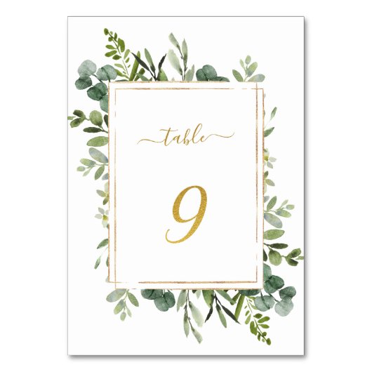 Botanical Green Wedding Gold Glitzer Number 9, Tischnummer (Rückseite)