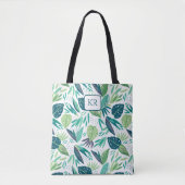 Botanical Green & White Leafs Pattern Monogram Tasche (Vorderseite)