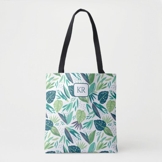 Botanical Green & White Leafs Pattern Monogram Tasche (Vorderseite)