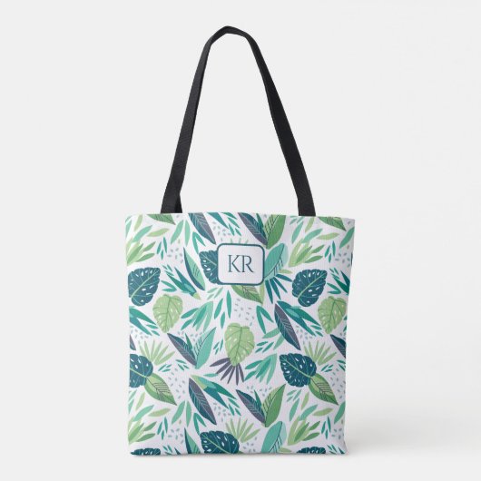 Botanical Green & White Leafs Pattern Monogram Tasche (Rückseite)