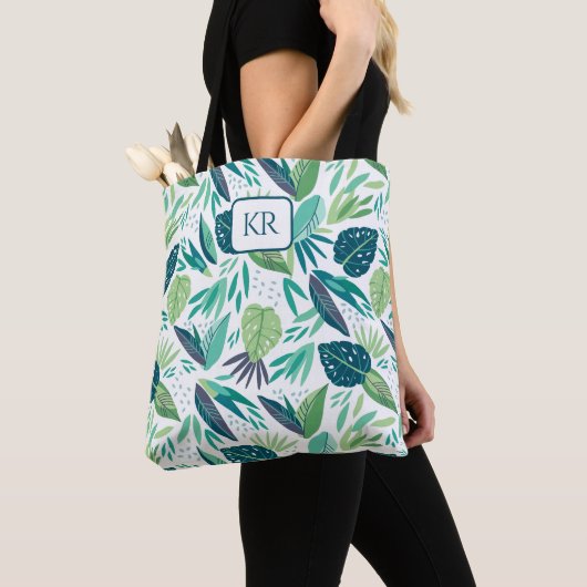 Botanical Green & White Leafs Pattern Monogram Tasche (Von Nahem)