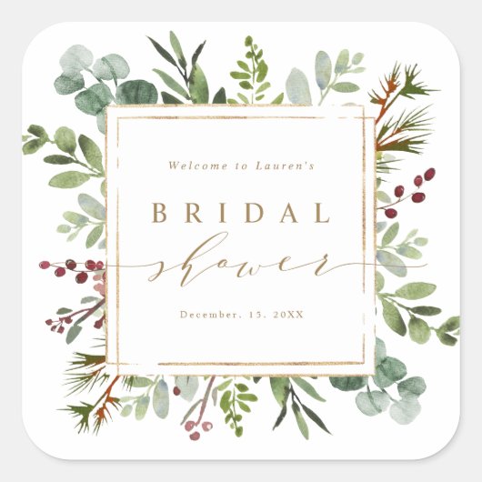 Botanical Greenery Christmas Bridal Shower Quadratischer Aufkleber (Vorderseite)