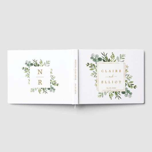 Botanical Greenery Gold Square Wedding Gästebuch (Voll)