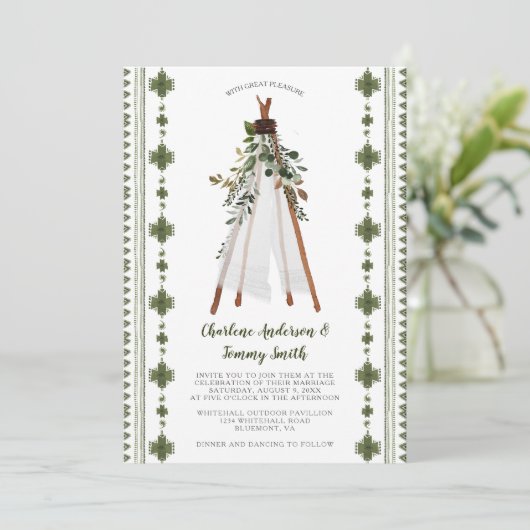 Botanical Greenery Tribal Boho Teepee Einladung (Stehend Vorderseite)