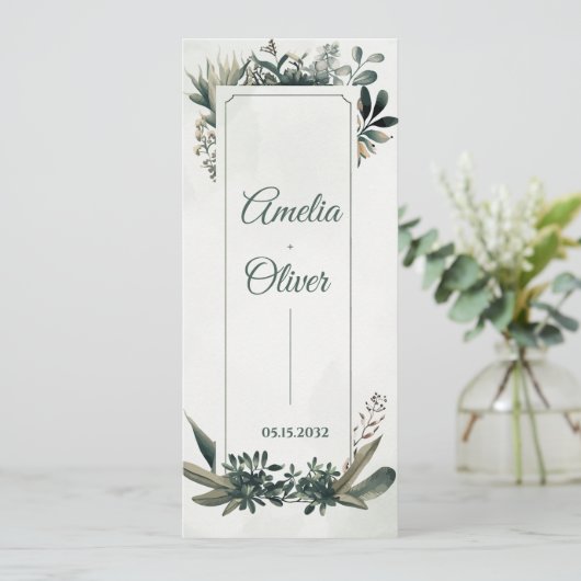 Botanical Greenery Wedding Ceremony Program Card  Einladung (Stehend Vorderseite)