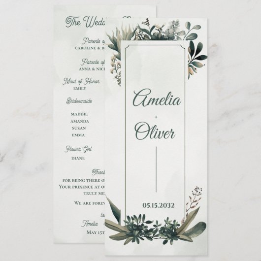 Botanical Greenery Wedding Ceremony Program Card  Einladung (Vorne/Hinten)