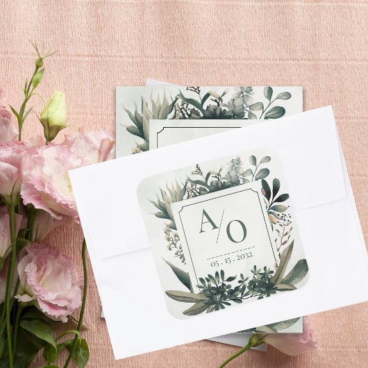 Botanical Greenery Wedding Monogram  Quadratischer Aufkleber